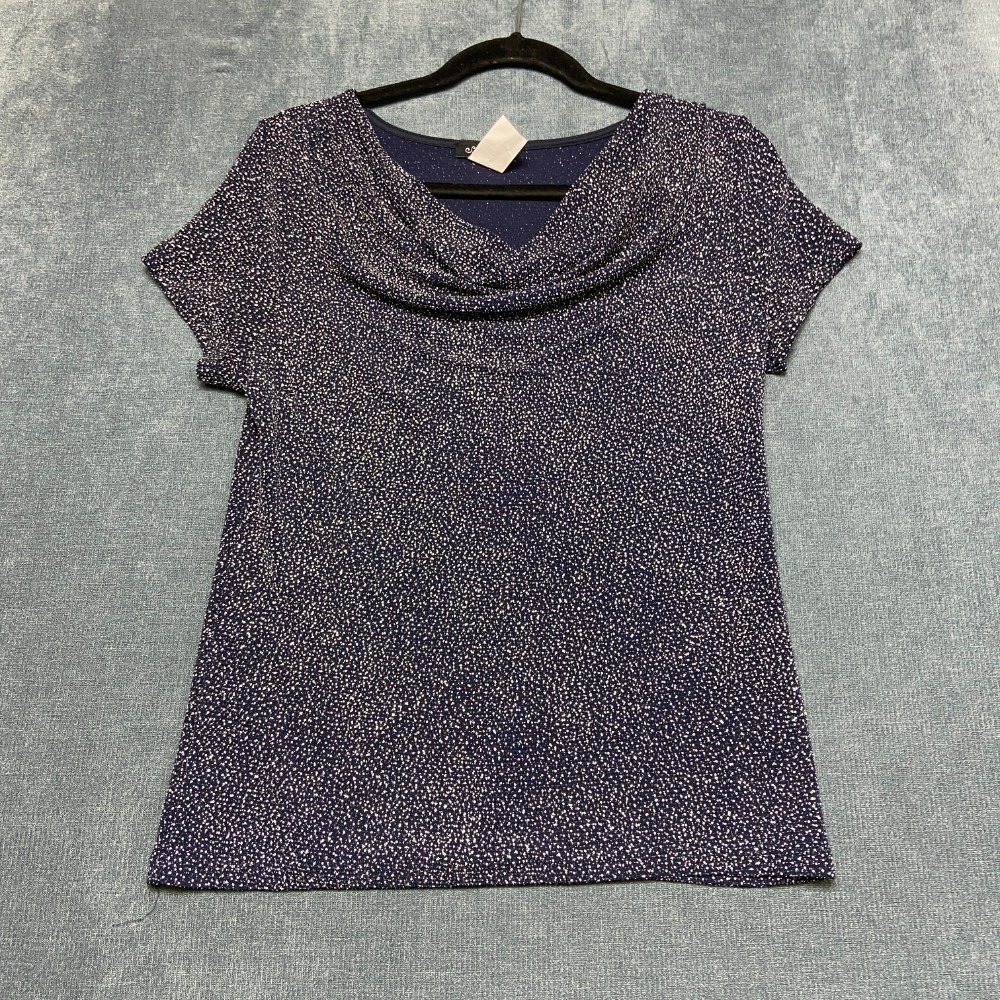 S Levine Elegant Long Sleeve Blouse Top Womens M Navy Blue Sparkling Cowl Neck